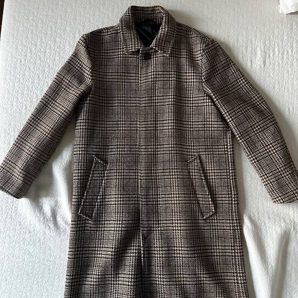 Men’s Brown/Black Plaid Balmacaan Wool Blend Winter Overcoat Size L from Zara